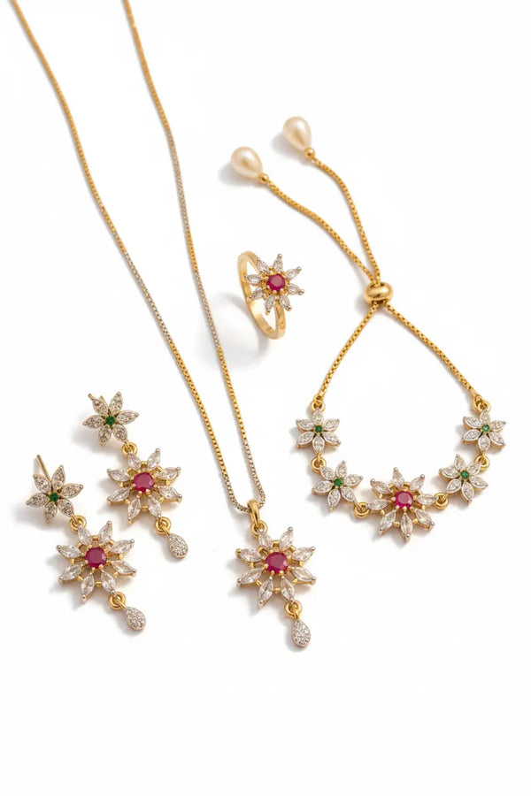 Floral Crystal Jewellery Set for Women | Gold Bracelet, Necklace, Ring & Earrings Combo Imitation Jewellery | ImiStyleJewellery - Imistyle Jewellery