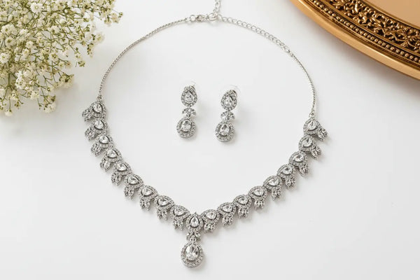 Elegant American Diamond Necklace Set with Earrings | Luxury Leaf Design Choker Jewellery for Women | ImiStyleJewellery - Imistyle Jewellery