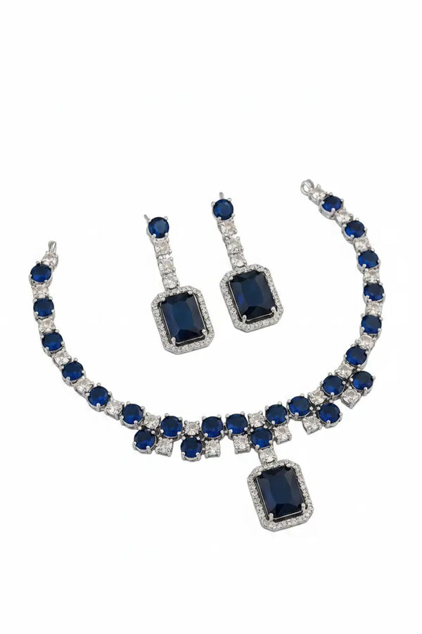 Luxury Rectangle Stone Necklace Set with Earrings | CZ Diamond Jewellery Set (Blue, Red, Pink, Green) - Imistyle Jewellery