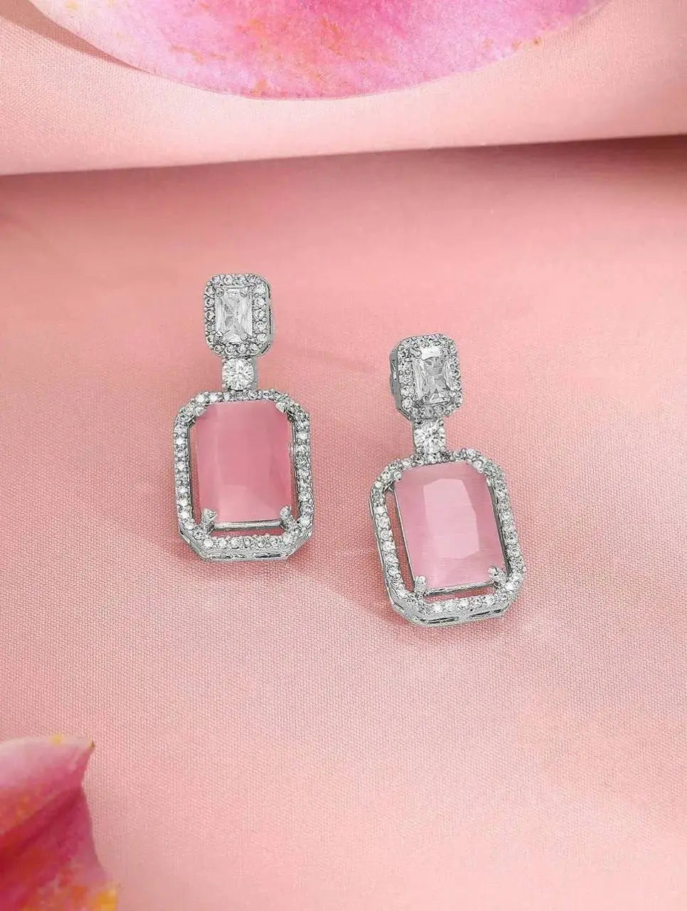 Elegant Pink Stone Necklace Set for Women | Crystal Square Pendant Earrings Set Imitation Jewellery | ImiStyleJewellery - Imistyle Jewellery
