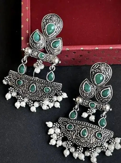 Oxidised Green Stone Chandbali Earrings for Women | Traditional Pearl Drop Earrings | ImiStyleJewellery - Imistyle Jewellery