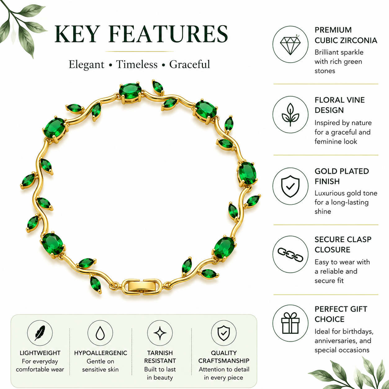 Elegant Tulip Green Crystal Bracelet For Women & Girls