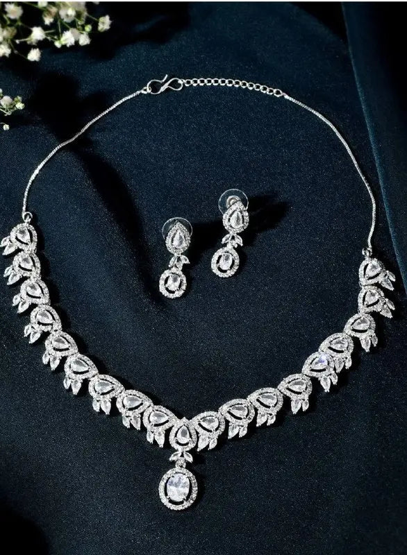 Elegant American Diamond Necklace Set with Earrings | Luxury Leaf Design Choker Jewellery for Women | ImiStyleJewellery - Imistyle Jewellery