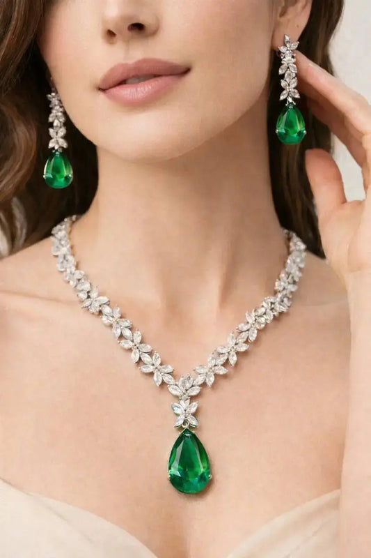 Luxury Green Drop Necklace Set for Women | Crystal Floral Design Earrings Necklace Set Imitation Jewellery | ImiStyleJewellery - Imistyle Jewellery