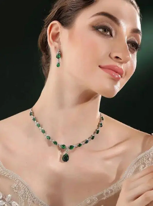 Emerald Green Teardrop Necklace Set for Women | Crystal Stone Party Wear Jewellery Set Imitation Jewellery | ImiStyleJewellery - Imistyle Jewellery