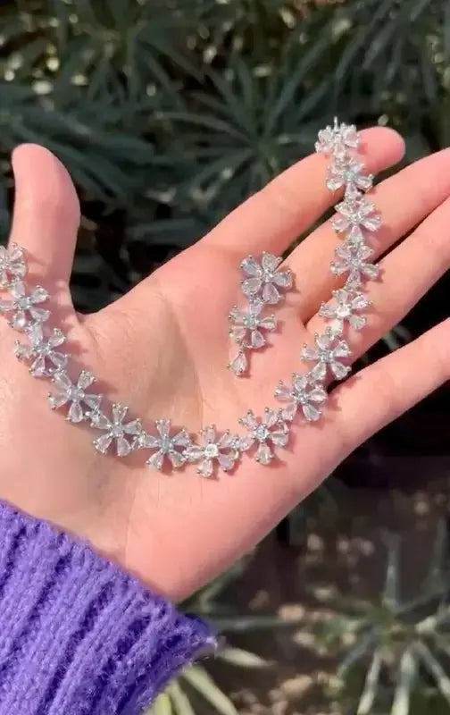 Floral Crystal Necklace Set for Women | Imitation Jewellery Diamond Look Necklace Set with Earrings - Imistyle Jewellery