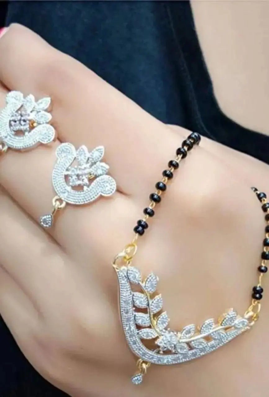 Luxury American Diamond Leaf Design Mangalsutra Set with Earrings | Elegant Black Beads Jewellery for Women | ImiStyleJewellery - Imistyle Jewellery