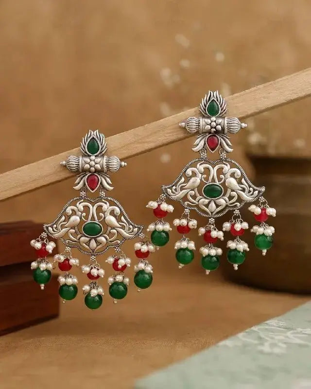 Traditional Oxidised Peacock Jhumka Earrings for Women | Green & Red Stone Ethnic Earrings Imitation Jewellery | ImiStyleJewellery - Imistyle Jewellery