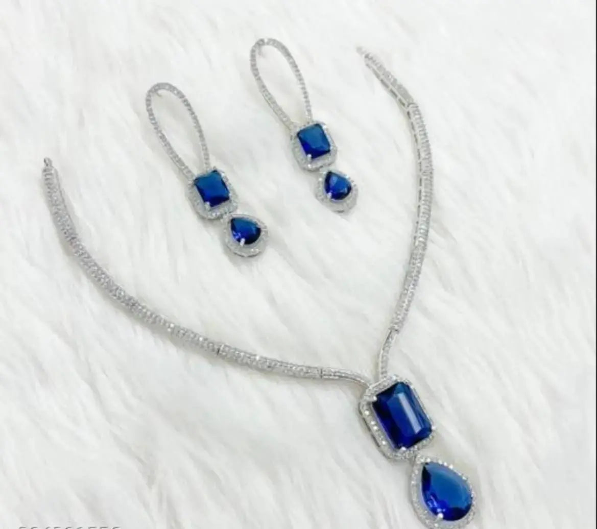 Royal Blue Stone Necklace Set for Women | CZ Diamond Pendant & Earrings Set | ImiStyleJewellery - Imistyle Jewellery