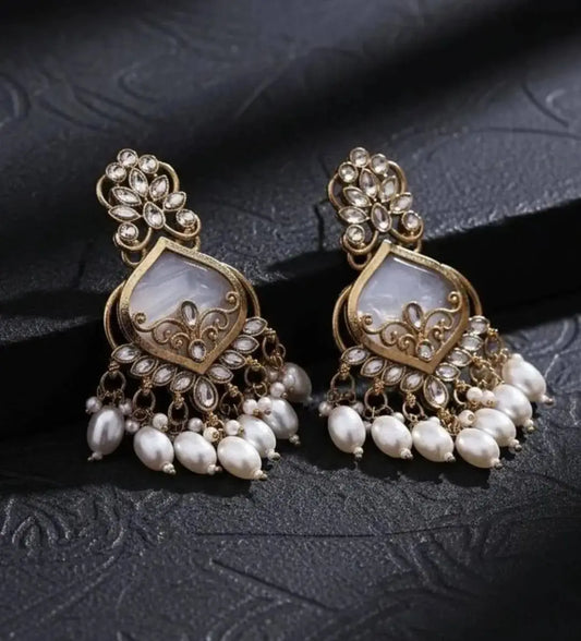 Elegant Pearl Chandbali Earrings for Women | Antique Gold Floral Ethnic Earrings Imitation Jewellery | ImiStyleJewellery - Imistyle Jewellery