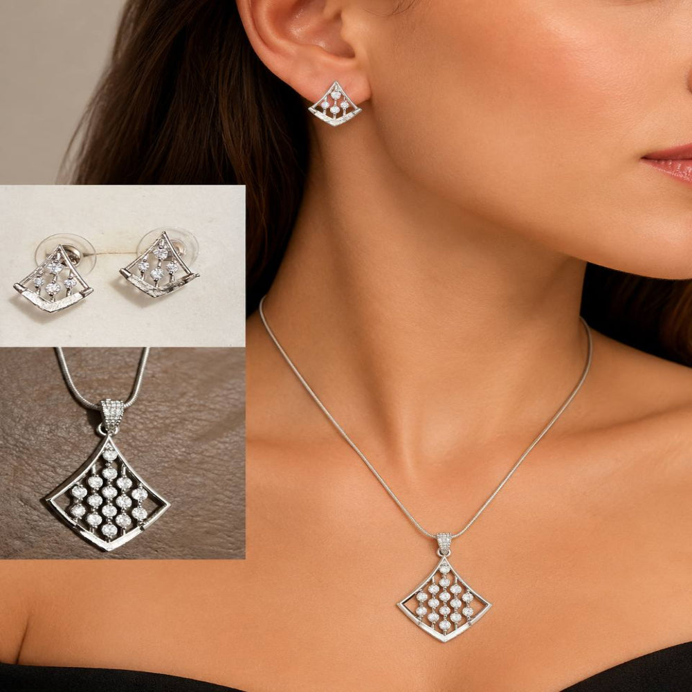 Model showcasing silver pendant and earrings set