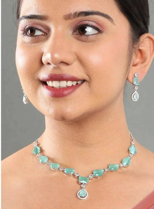 Elegant Mint Green Stone Necklace Set for Women | Crystal Drop Pendant Earrings Set Imitation Jewellery | ImiStyleJewellery - Imistyle Jewellery
