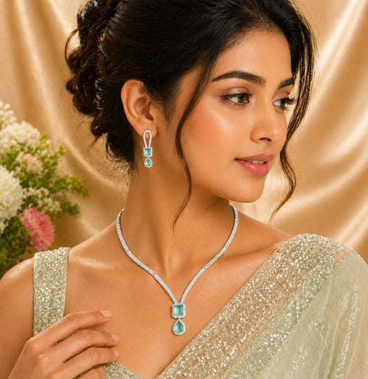 Mint Green Stone Necklace Set for Women | CZ Diamond Pendant & Earrings Set | ImiStyleJewellery - Imistyle Jewellery