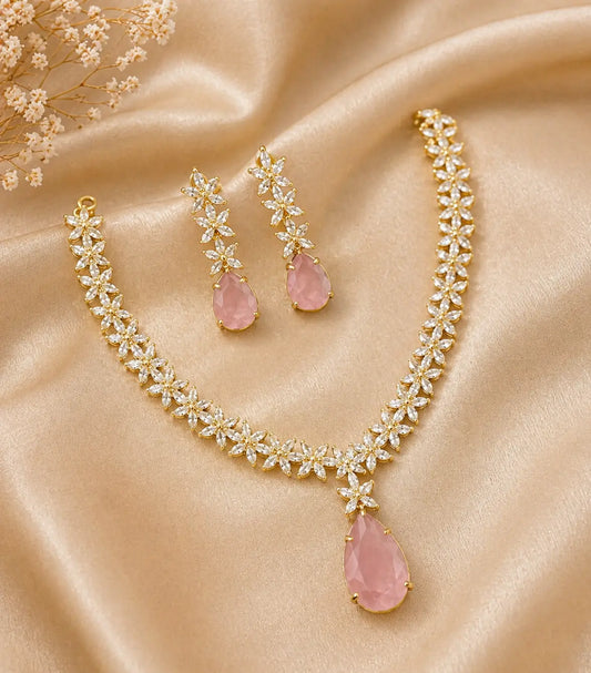 Crystal Floral Necklace Set for Women | Teardrop Pendant Party Wear Jewellery Set Imitation Jewellery | ImiStyleJewellery - Imistyle Jewellery