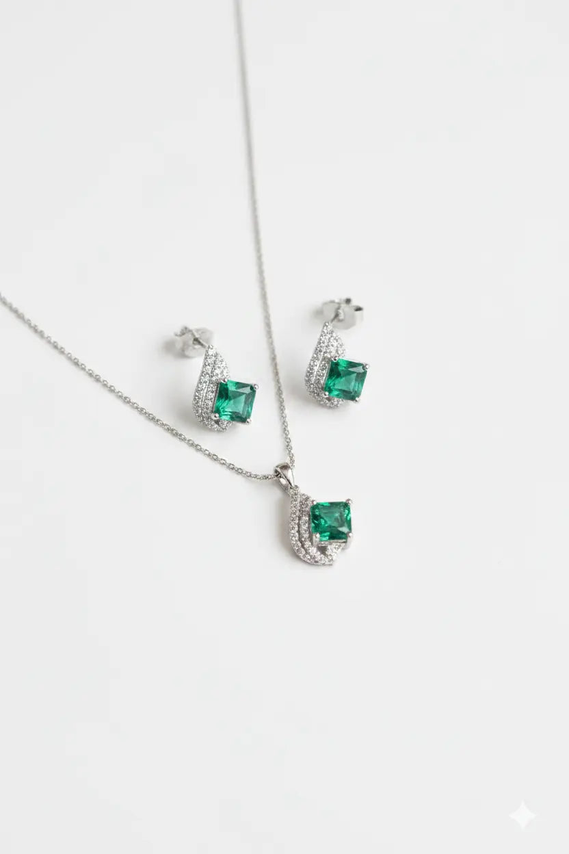 Emerald Green Crystal Pendant Set for Women | Minimal Necklace & Earrings Set Imitation Jewellery | ImiStyleJewellery - Imistyle Jewellery