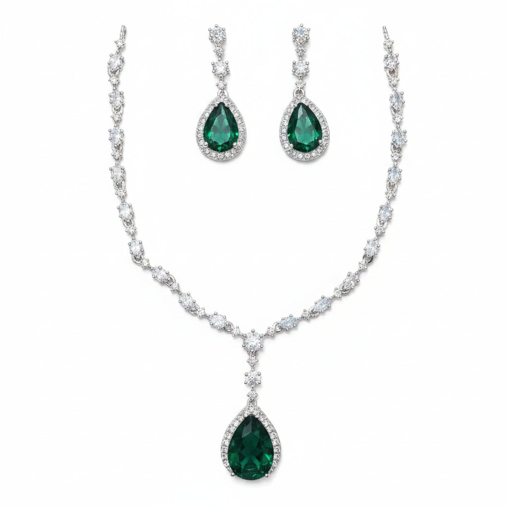 Elegant Emerald Teardrop Necklace Set with Earrings | Minimal Luxury Imitation Jewellery for Women | ImiStyleJewellery - Imistyle Jewellery
