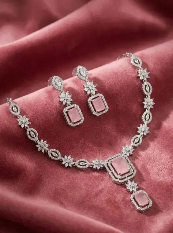 Elegant Pink Stone Floral Necklace Set for Women | Crystal Drop Pendant Earrings Set Imitation Jewellery | ImiStyleJewellery
