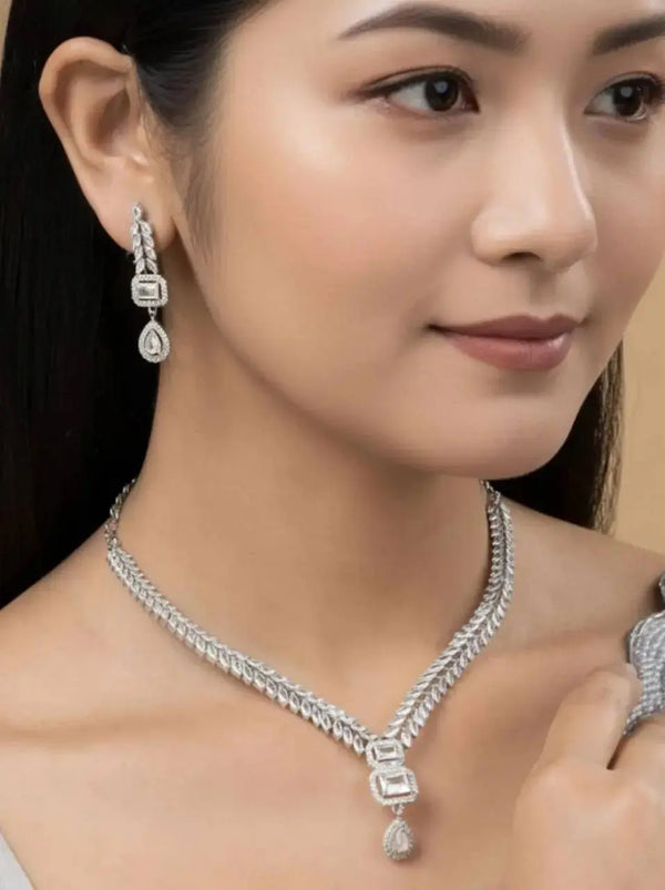 Elegant AD Diamond Necklace Set with Drop Earrings for Women | Party & Wedding Jewellery - Imistyle Jewellery