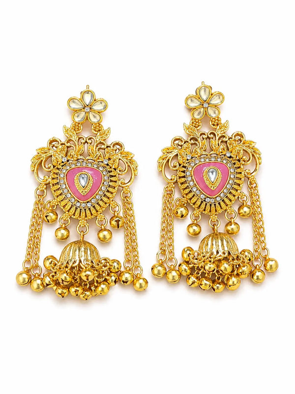 Traditional Gold Plated Jhumka Earrings for Women with Kundan & Pink Stone | Ethnic Designer Bridal Earrings – IMISTYLE Jewellery - Imistyle Jewellery