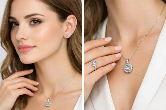 Elegant Round Crystal Pendant Necklace Set for Women | Diamond Style Stud Earrings & Ring Imitation Jewellery | ImiStyleJewellery - Imistyle Jewellery