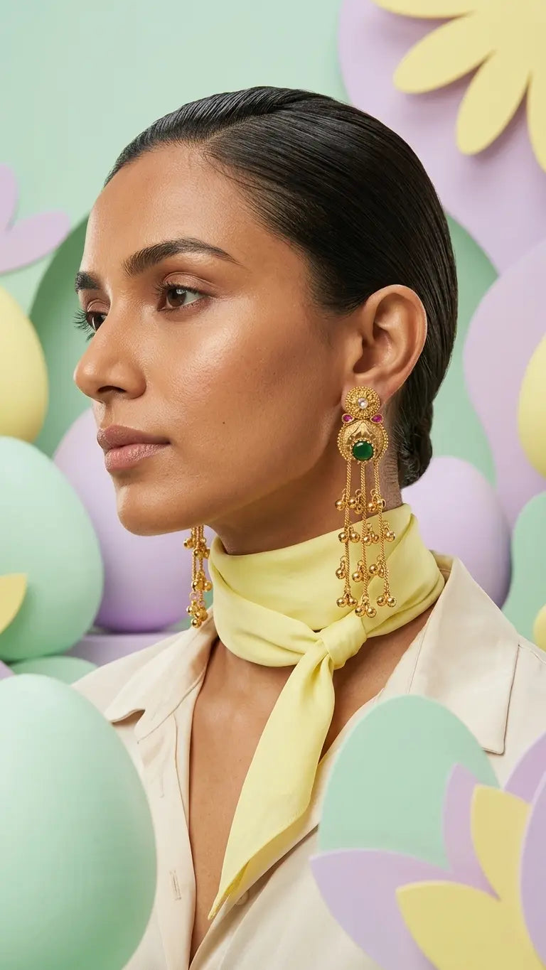 Antique Gold Chandbali Earrings with Green Stone & Bead Tassels - Imistyle Jewellery