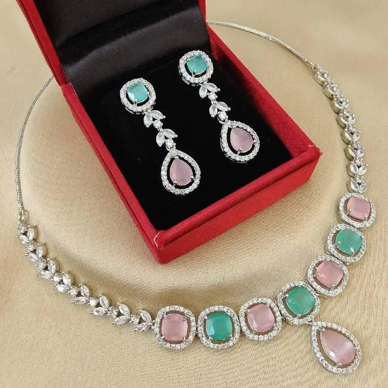 Dual Tone Pink & Mint Stone Necklace Set with Drop Earrings | Luxury Imitation Jewellery for Women | ImiStyleJewellery - Imistyle Jewellery
