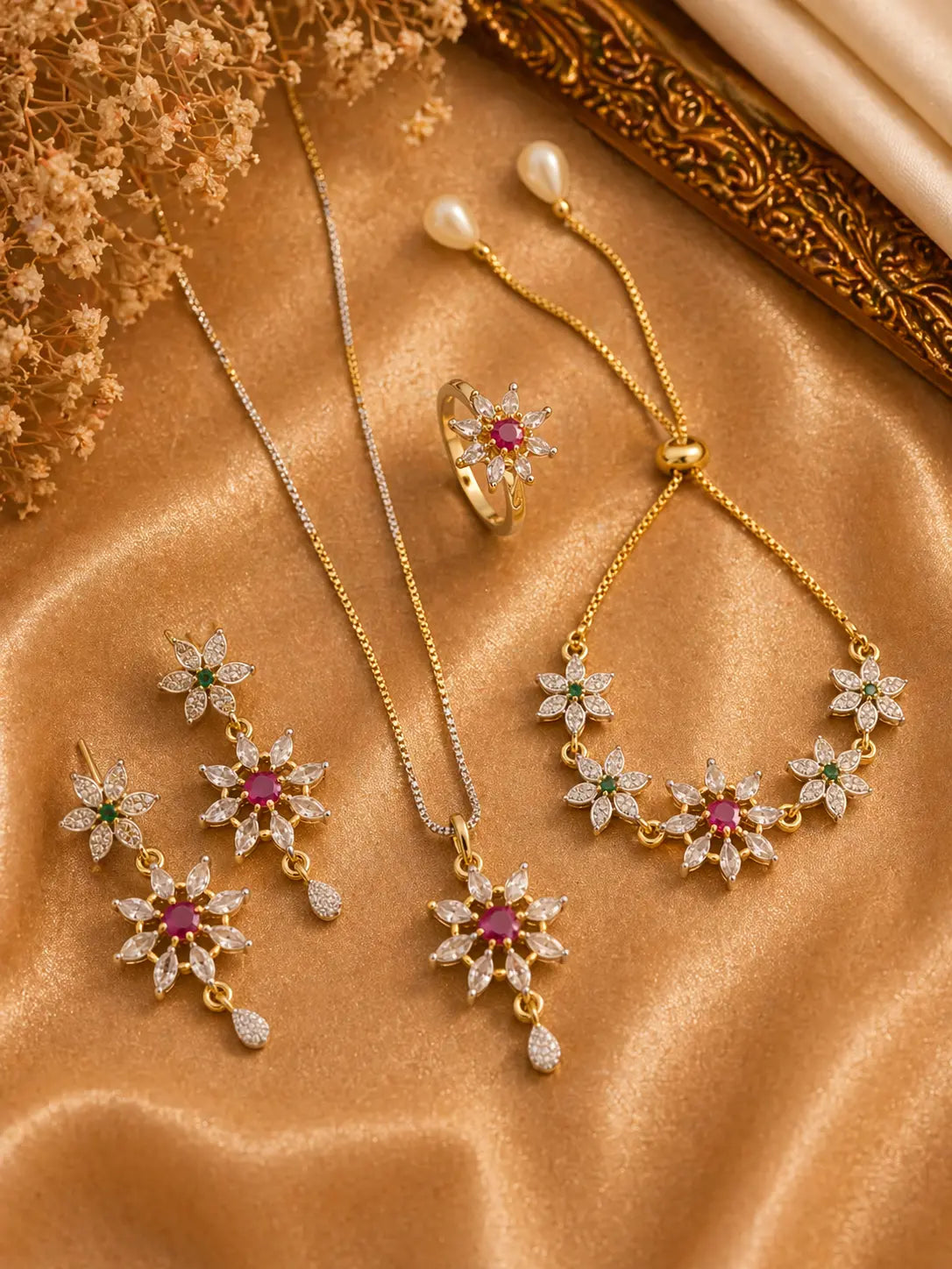 Floral Crystal Jewellery Set for Women | Gold Bracelet, Necklace, Ring & Earrings Combo Imitation Jewellery | ImiStyleJewellery - Imistyle Jewellery
