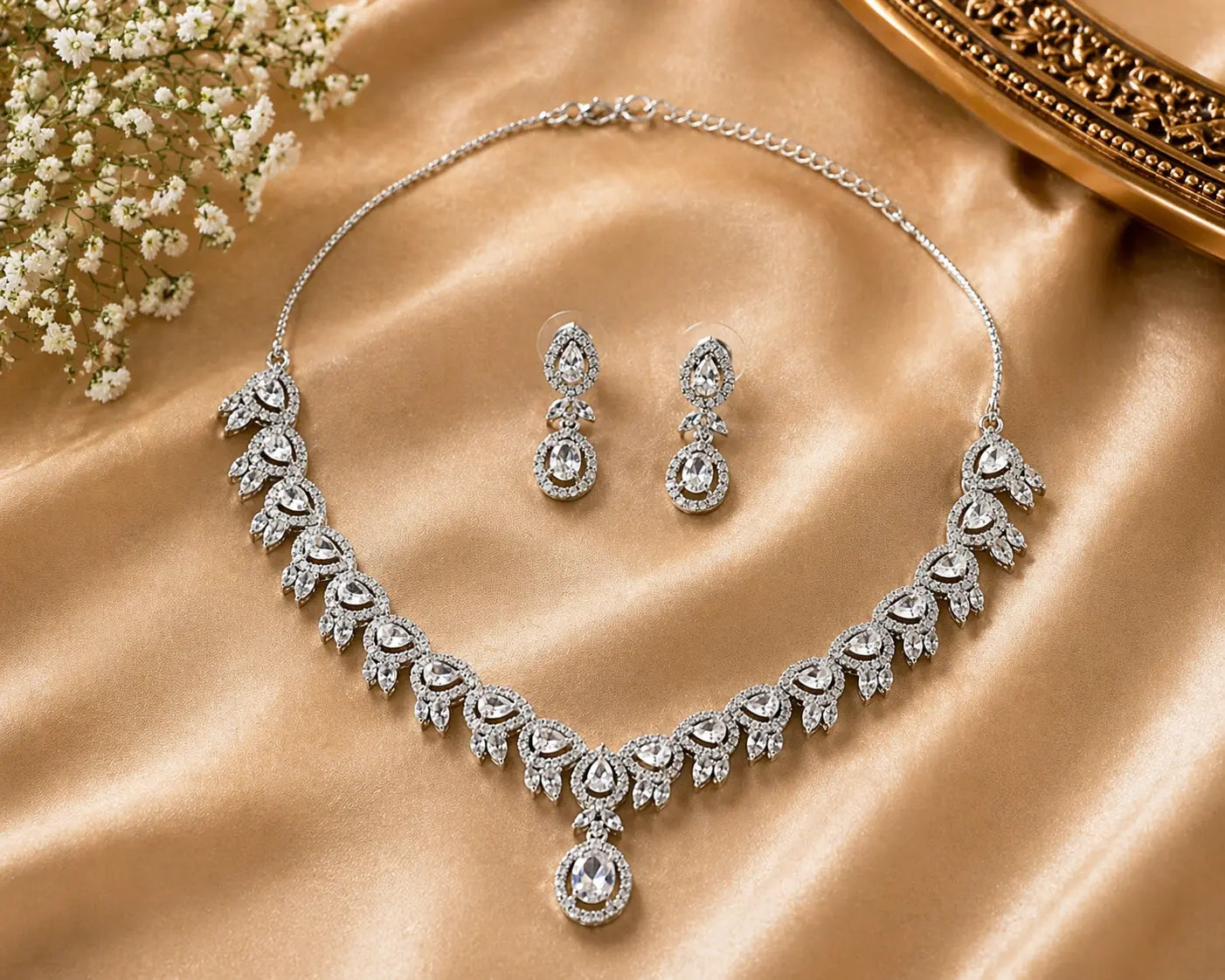 Elegant American Diamond Necklace Set with Earrings | Luxury Leaf Design Choker Jewellery for Women | ImiStyleJewellery - Imistyle Jewellery