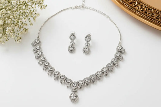 Elegant American Diamond Necklace Set with Earrings | Luxury Leaf Design Choker Jewellery for Women | ImiStyleJewellery - Imistyle Jewellery