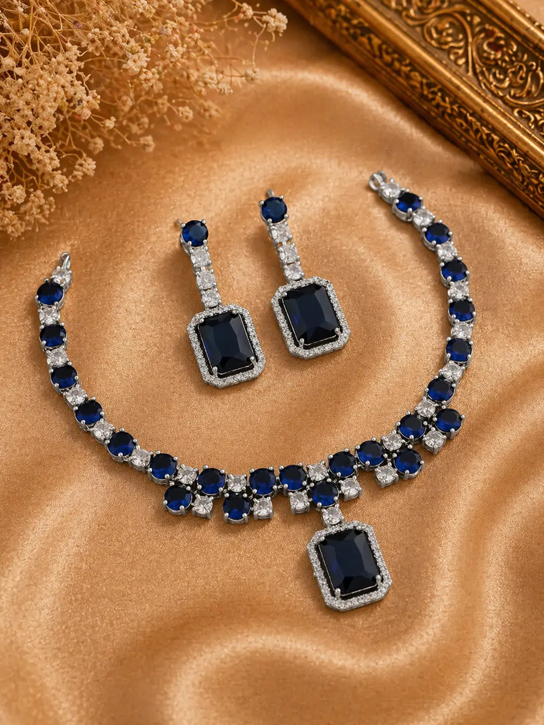 Luxury Rectangle Stone Necklace Set with Earrings | CZ Diamond Jewellery Set (Blue, Red, Pink, Green) - Imistyle Jewellery
