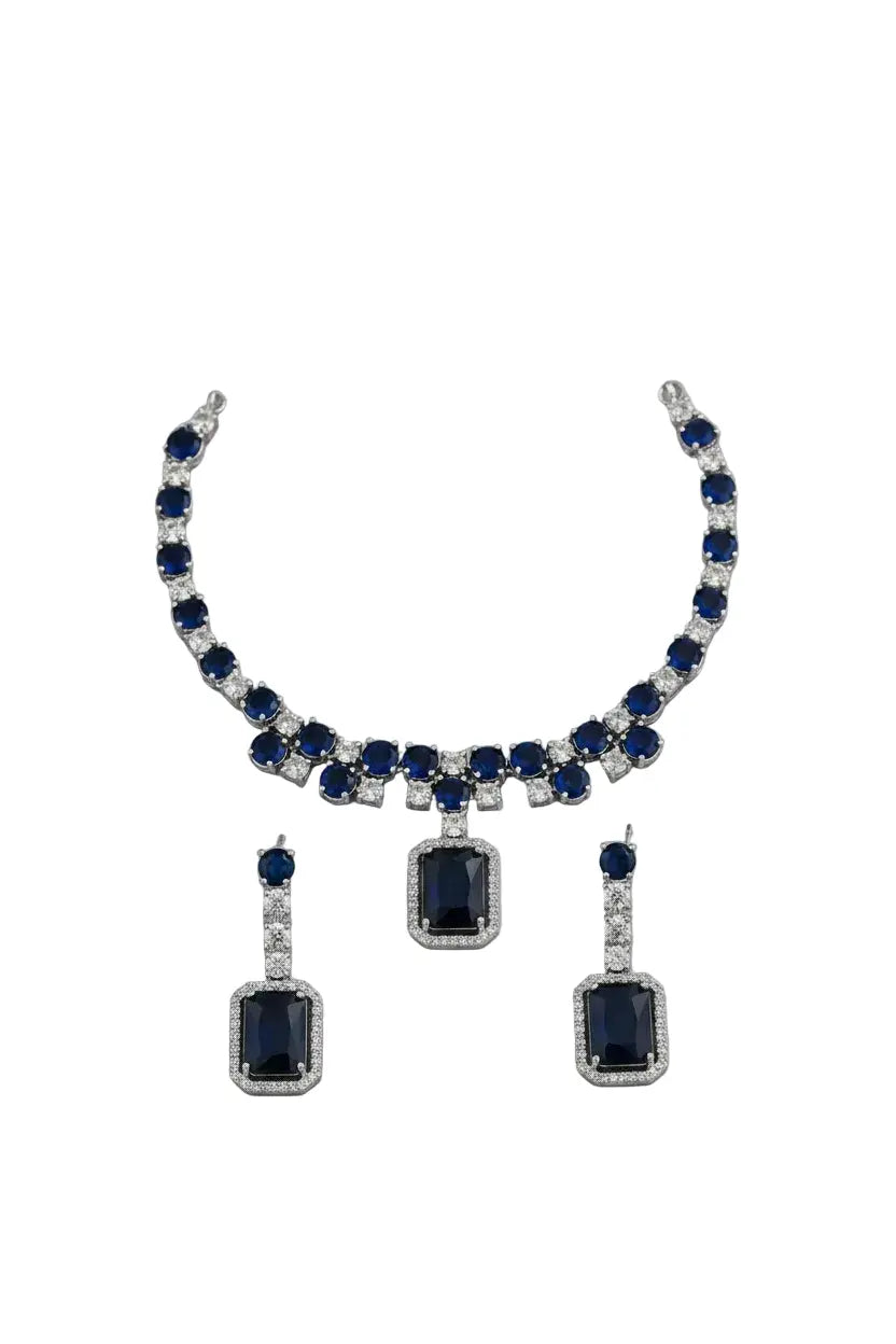 Luxury Rectangle Stone Necklace Set with Earrings | CZ Diamond Jewellery Set (Blue, Red, Pink, Green) - Imistyle Jewellery