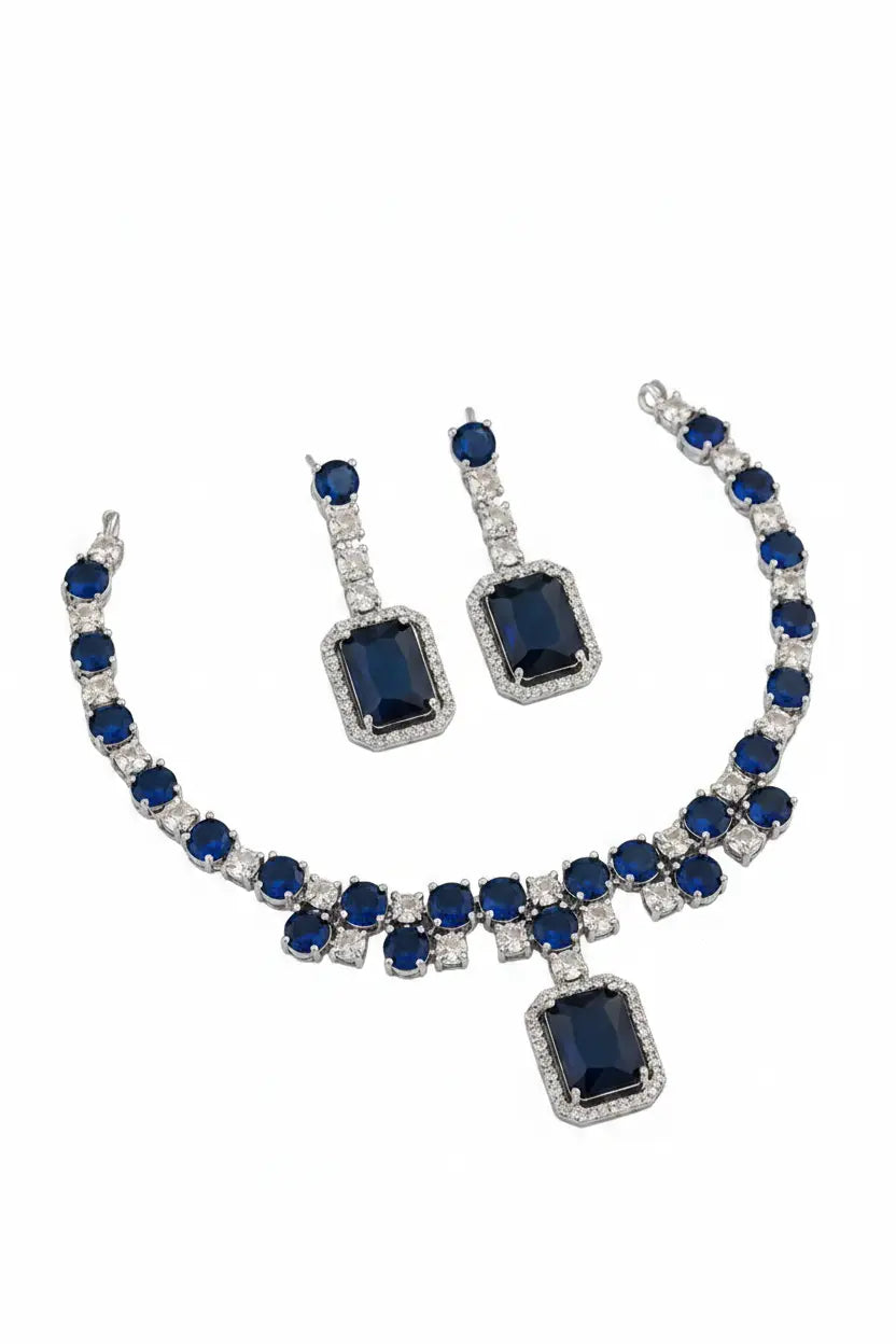 Luxury Rectangle Stone Necklace Set with Earrings | CZ Diamond Jewellery Set (Blue, Red, Pink, Green) - Imistyle Jewellery
