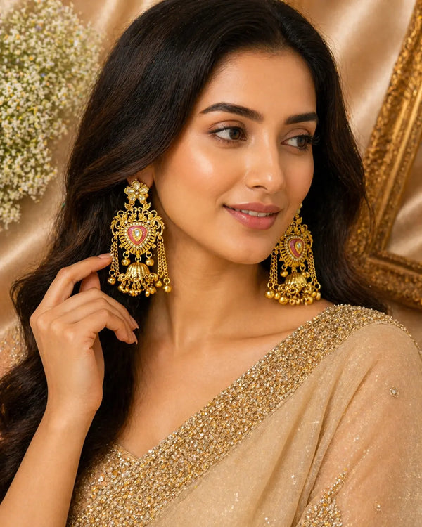 Traditional Gold Plated Jhumka Earrings for Women with Kundan & Pink Stone | Ethnic Designer Bridal Earrings – IMISTYLE Jewellery - Imistyle Jewellery