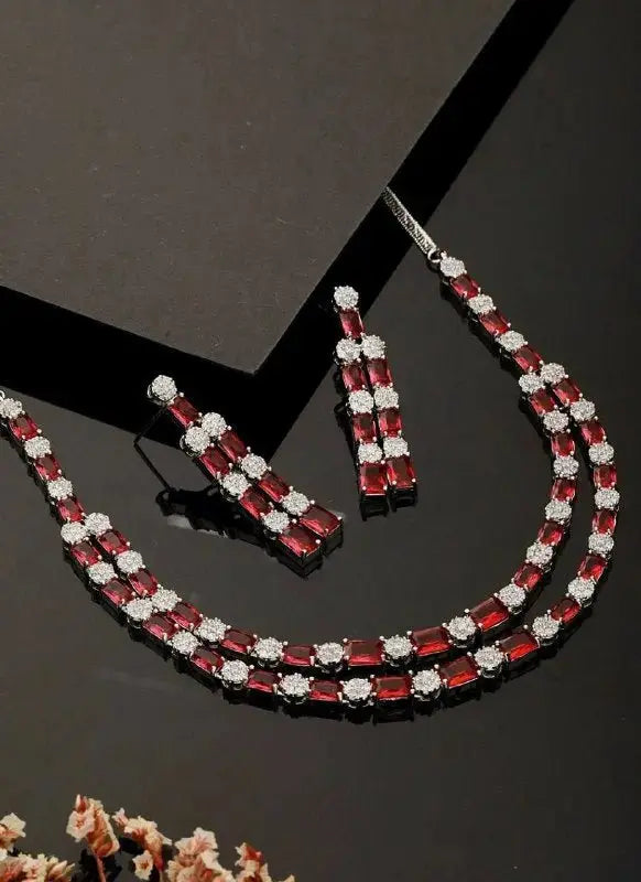 Ruby Red Crystal Necklace Set for Women | Double Layer Party Wear Jewellery Set Imitation Jewellery | ImiStyleJewellery - Imistyle Jewellery