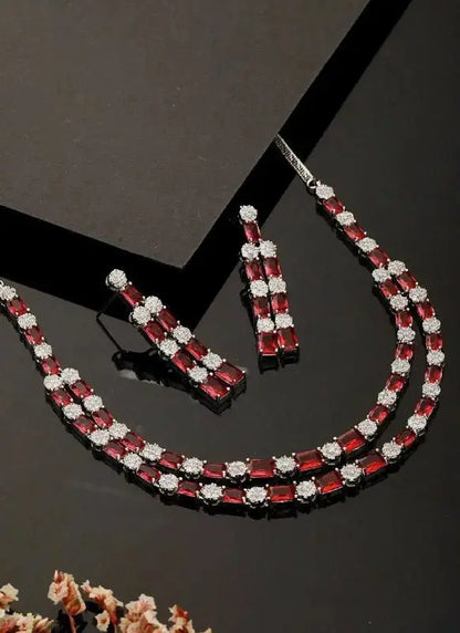 Ruby Red Crystal Necklace Set for Women | Double Layer Party Wear Jewellery Set Imitation Jewellery | ImiStyleJewellery - Imistyle Jewellery