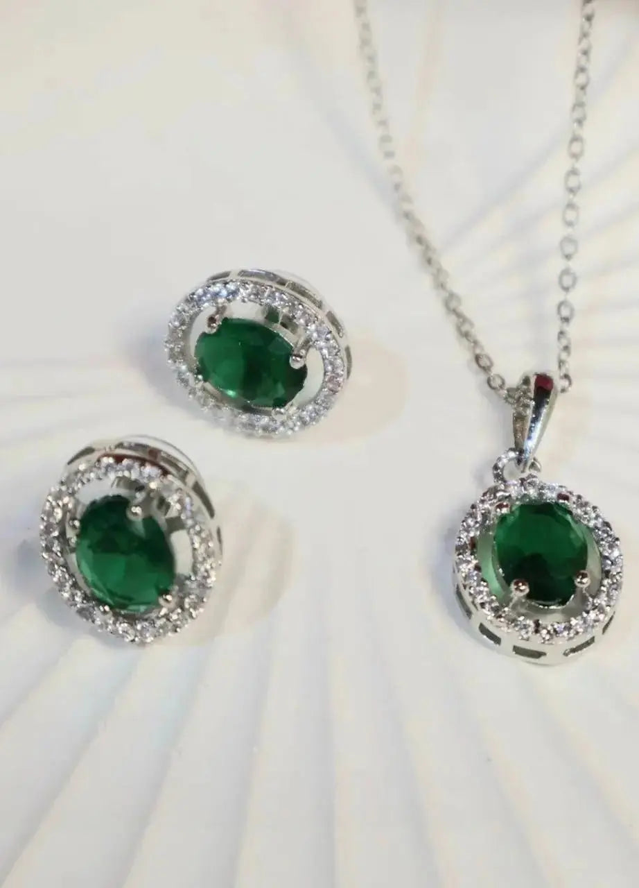Emerald Green Pendant Necklace Set with Earrings | Elegant American Diamond Minimal Jewellery for Women | ImiStyleJewellery - Imistyle Jewellery