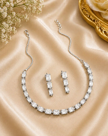 White Crystal Necklace Set with Earrings | Elegant CZ Diamond Jewellery Set for Women - Imistyle Jewellery