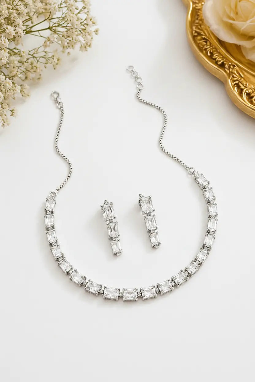 White Crystal Necklace Set with Earrings | Elegant CZ Diamond Jewellery Set for Women - Imistyle Jewellery