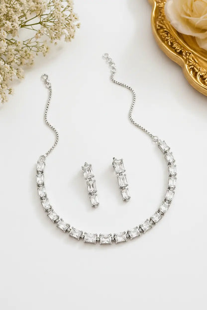 White Crystal Necklace Set with Earrings | Elegant CZ Diamond Jewellery Set for Women - Imistyle Jewellery