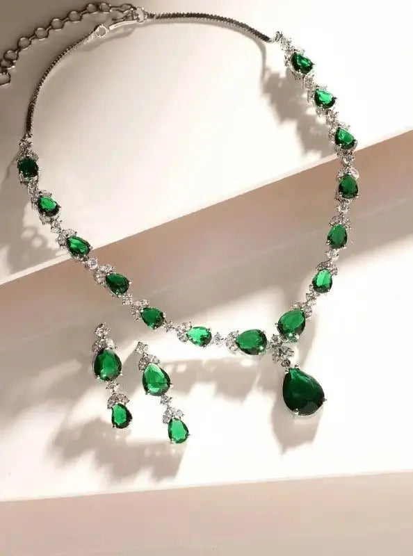 Emerald Green Teardrop Necklace Set for Women | Crystal Stone Party Wear Jewellery Set Imitation Jewellery | ImiStyleJewellery - Imistyle Jewellery