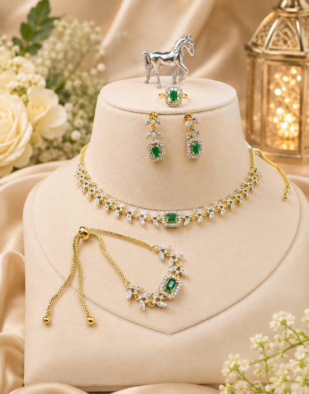 Royal crystal jewelry set with necklace, earrings, ring and bracelet for women, perfect for bridal and party wear.