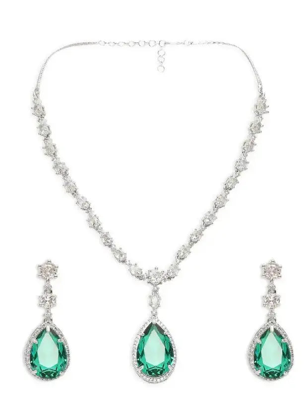 Emerald Green Drop Necklace Set for Women | CZ Diamond Pendant & Earrings Set | ImiStyleJewellery - Imistyle Jewellery