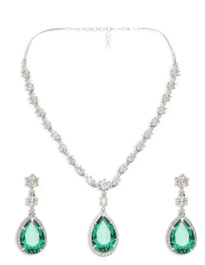 Emerald Green Drop Necklace Set for Women | CZ Diamond Pendant & Earrings Set | ImiStyleJewellery - Imistyle Jewellery
