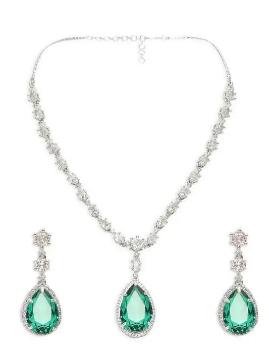 Emerald Green Drop Necklace Set for Women | CZ Diamond Pendant & Earrings Set | ImiStyleJewellery - Imistyle Jewellery