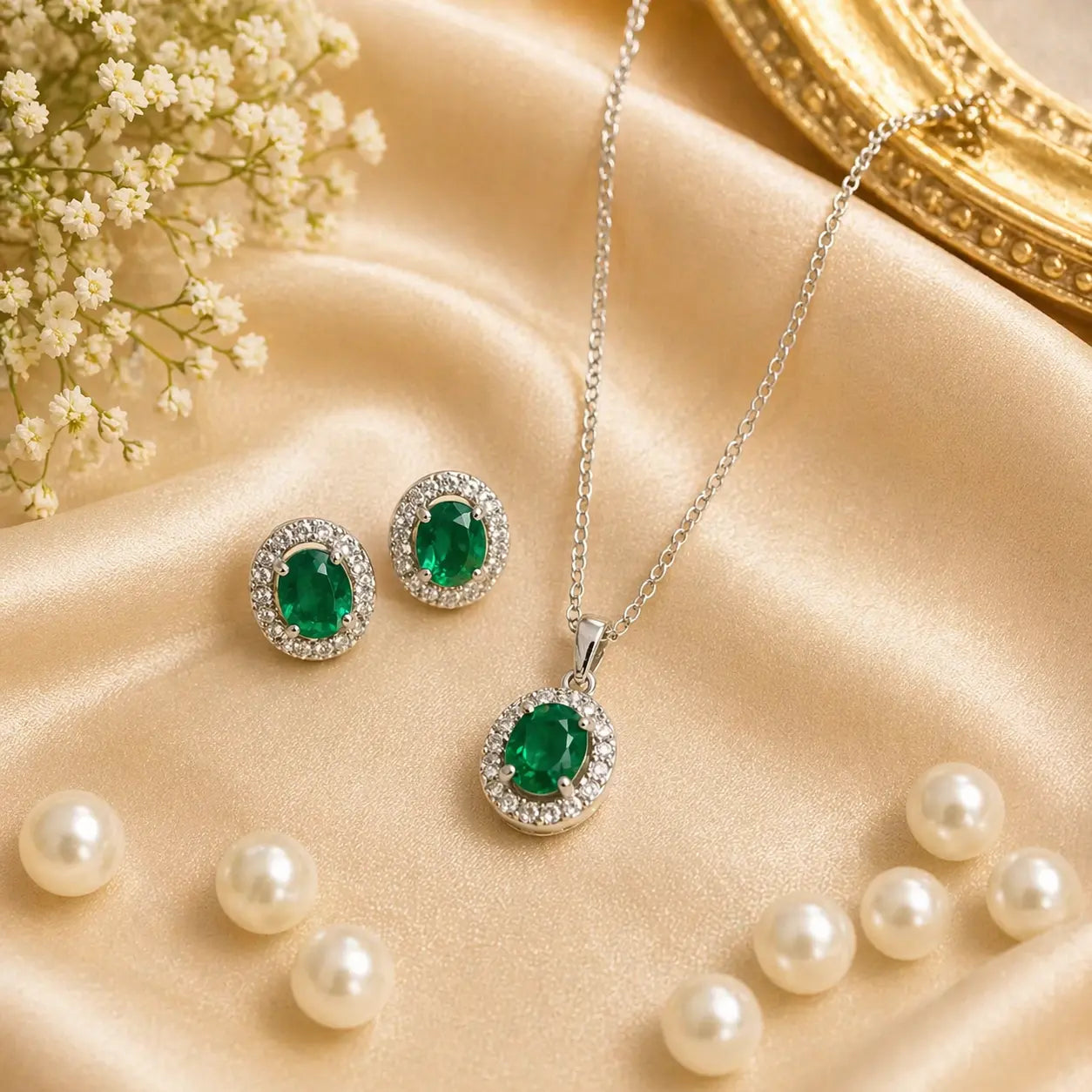 Emerald Green Pendant Necklace Set with Earrings | Elegant American Diamond Minimal Jewellery for Women | ImiStyleJewellery - Imistyle Jewellery