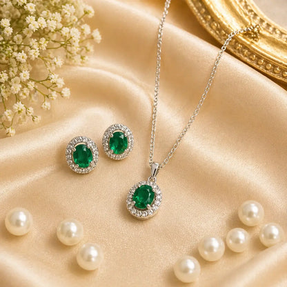 Emerald Green Pendant Necklace Set with Earrings | Elegant American Diamond Minimal Jewellery for Women | ImiStyleJewellery - Imistyle Jewellery