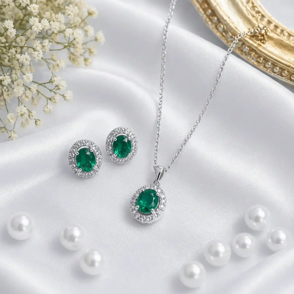 Emerald Green Pendant Necklace Set with Earrings | Elegant American Diamond Minimal Jewellery for Women | ImiStyleJewellery - Imistyle Jewellery