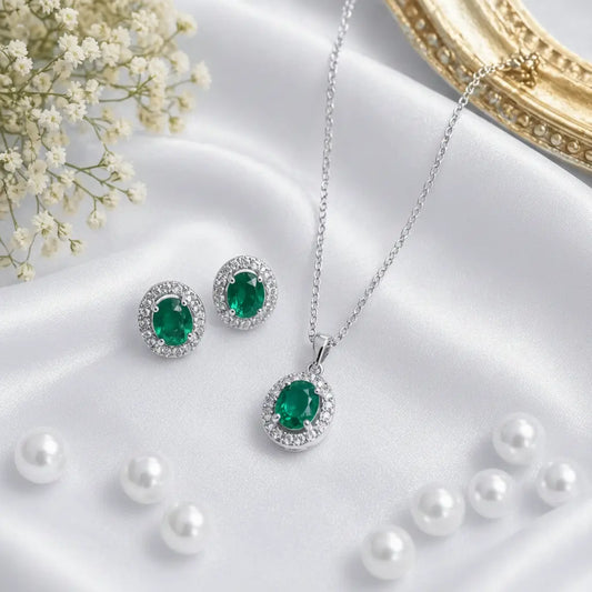 Emerald Green Pendant Necklace Set with Earrings | Elegant American Diamond Minimal Jewellery for Women | ImiStyleJewellery - Imistyle Jewellery