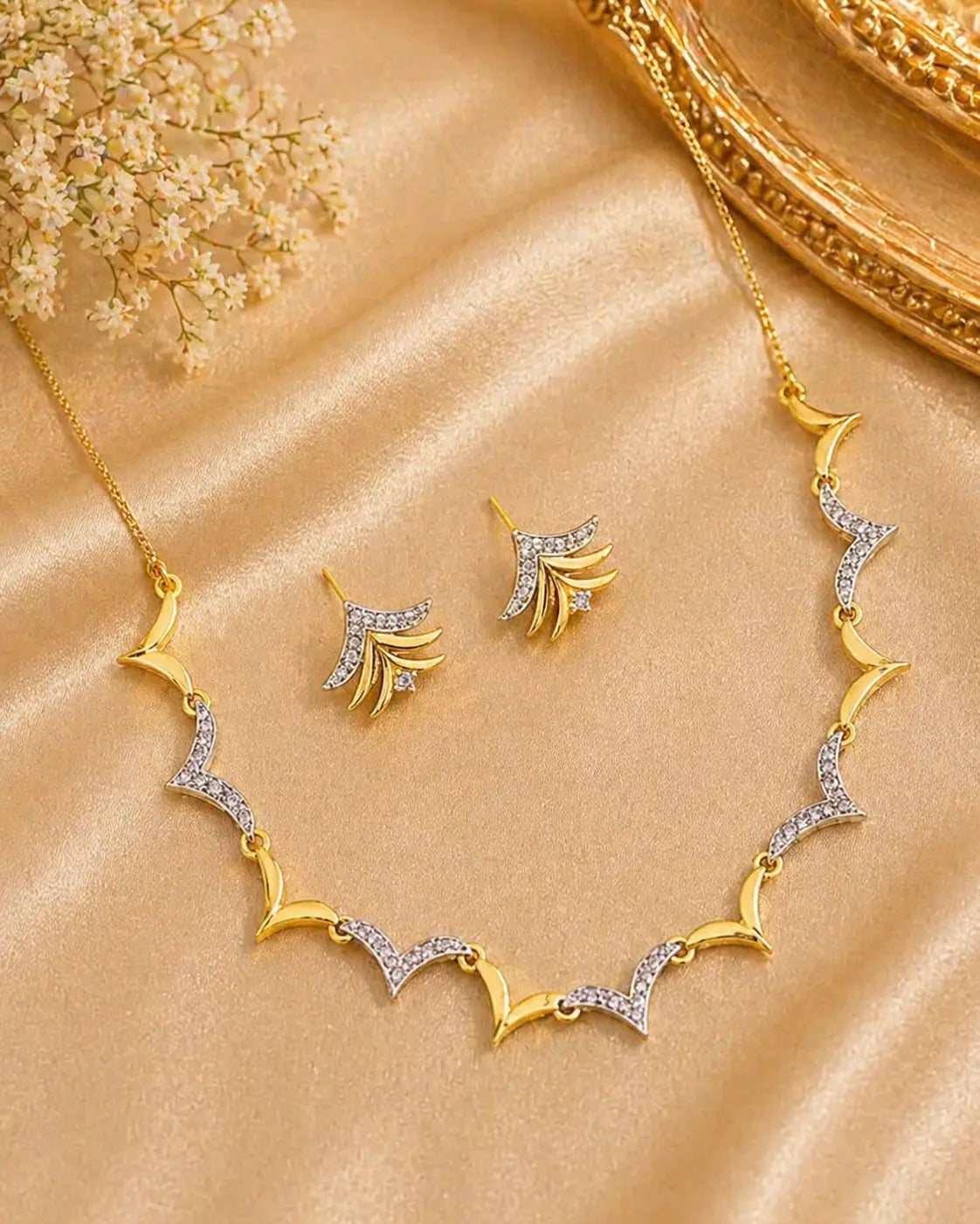 Modern Gold CZ Necklace Set for Women | Geometric Designer Pendant & Earrings Set | ImiStyleJewellery - Imistyle Jewellery