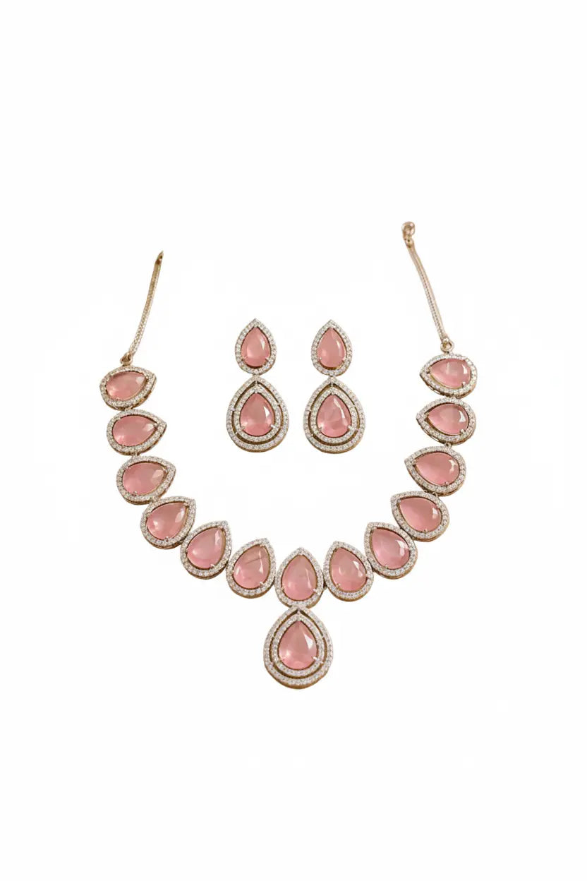 Pink Teardrop Stone Necklace Set with Earrings | Luxury CZ Diamond Jewellery Set for Women - Imistyle Jewellery